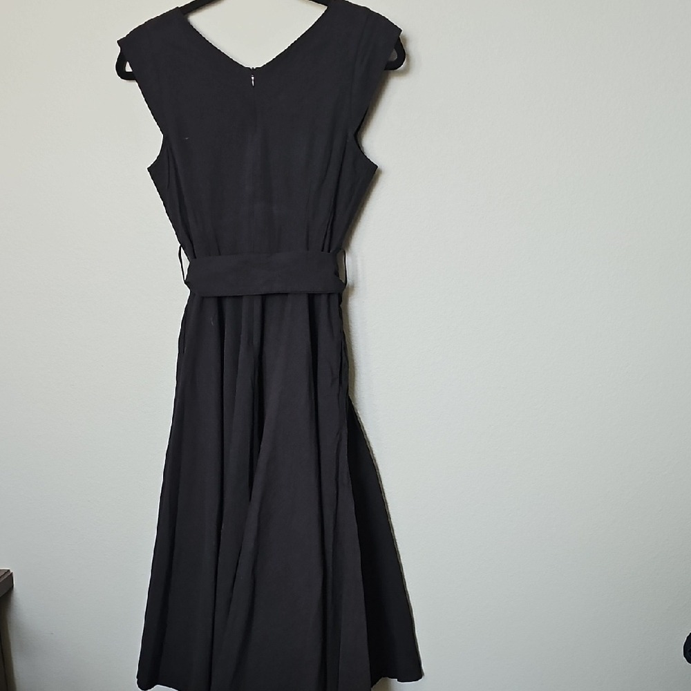 Calista V Neck Witchy Fall Belted Small Cotton Elegant Black Sleeveless Dress - Picture 10 of 11